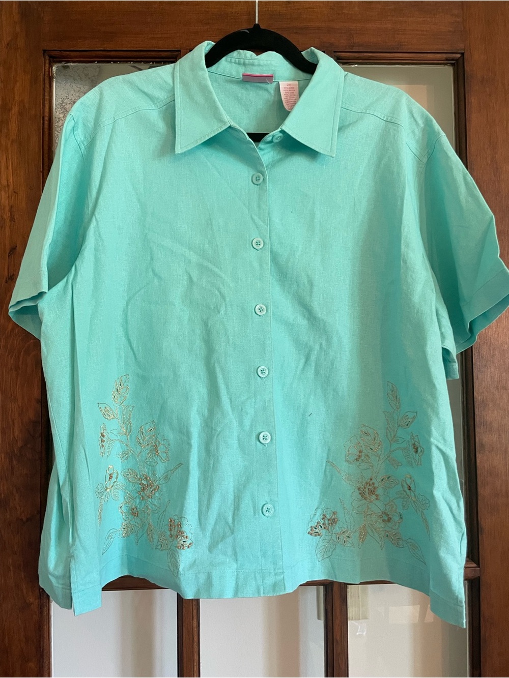 Vintage Pappagallo Woman 2X Aqua Linen Blend Embroidered Button Down Y2K Resort